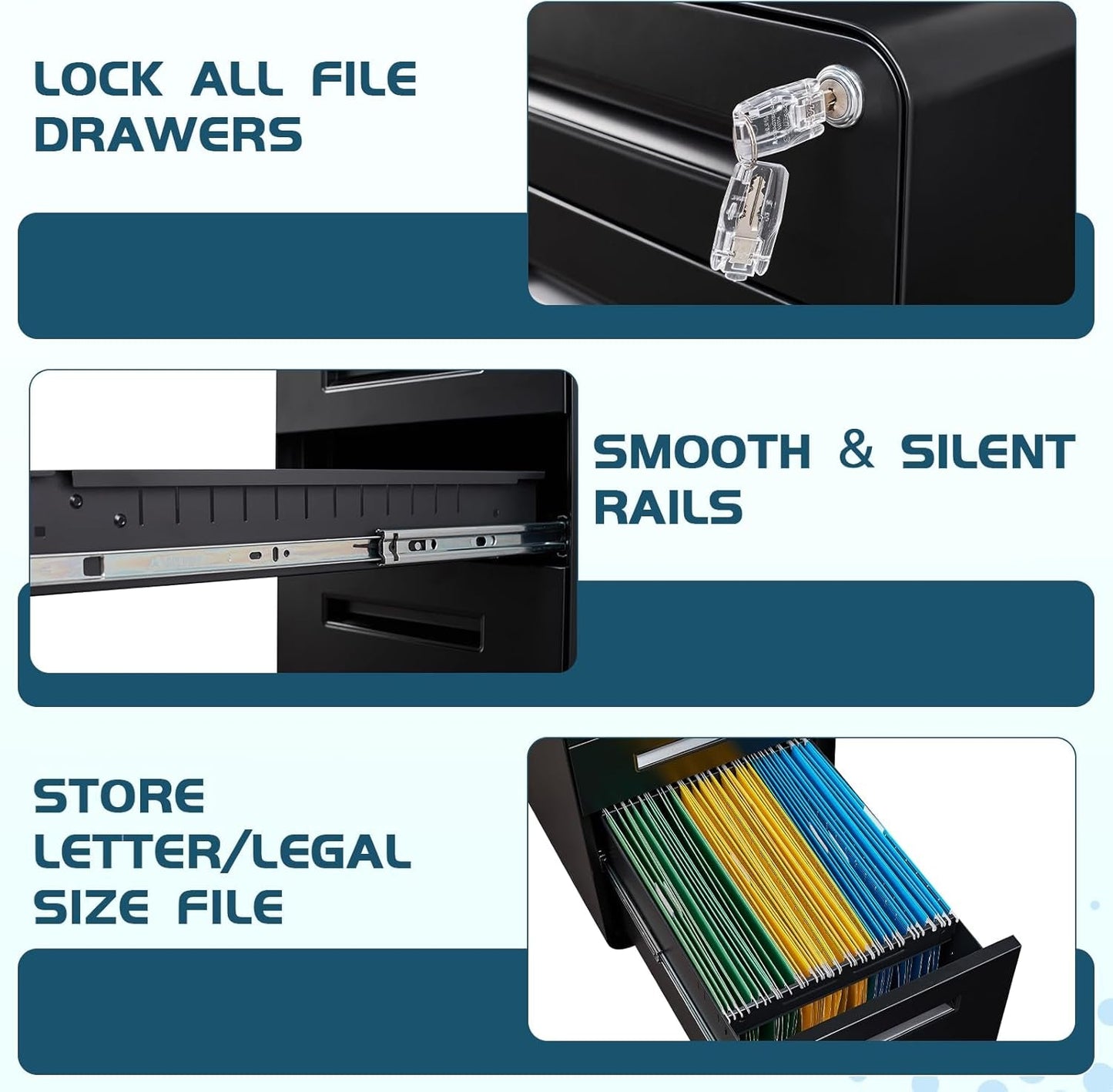 Mobile 3 Drawer Filing Cabinet With Lock Black Rolling