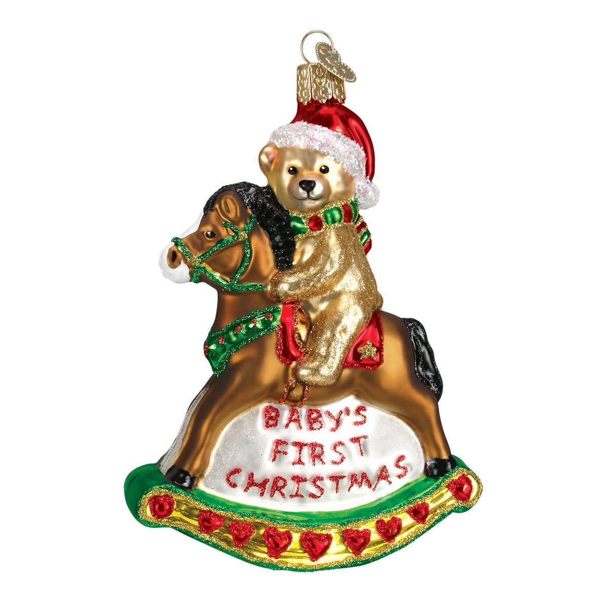 Babys First Christmas Rocking Horse Teddy Glass Ornament