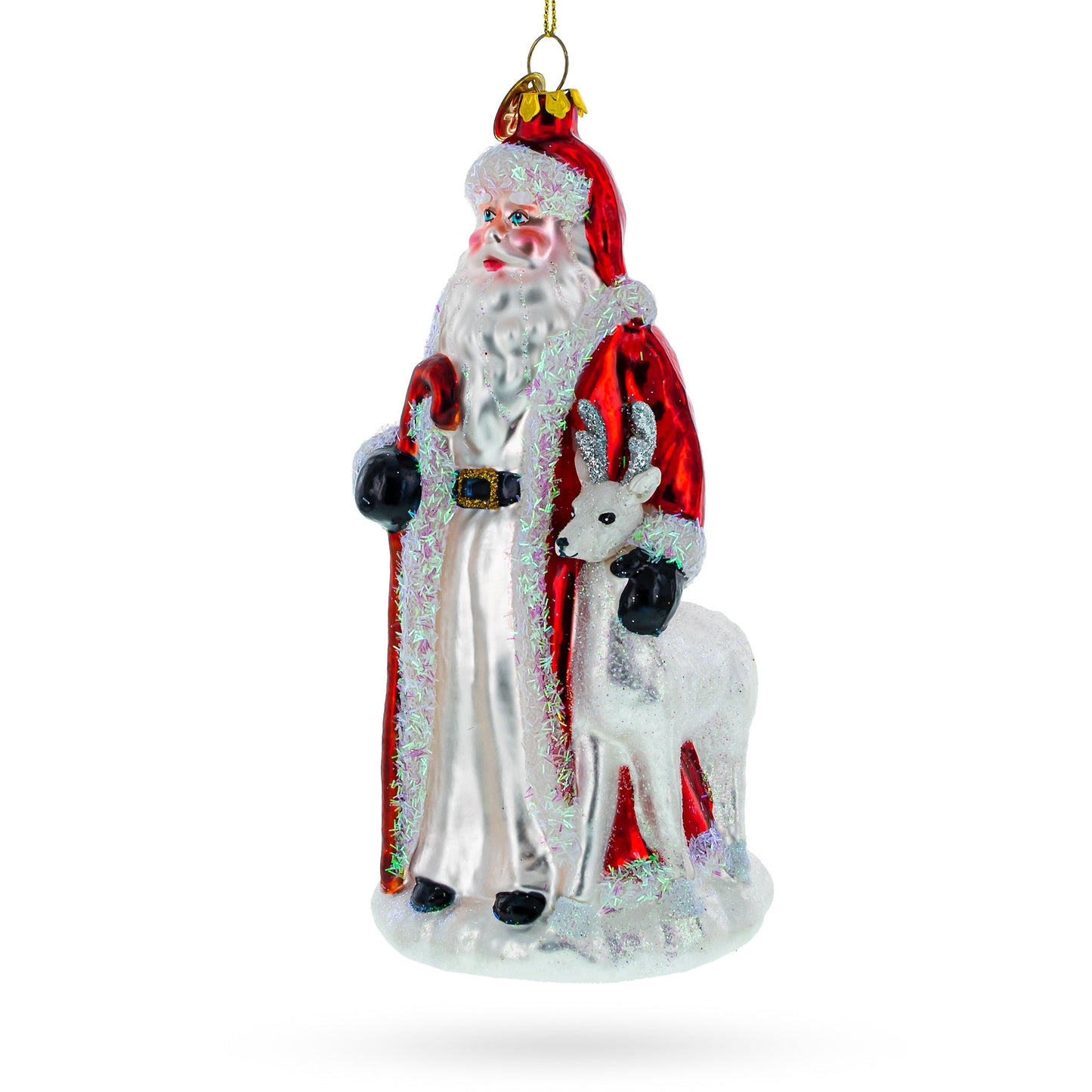 Santa with White Reindeer Glass Christmas Ornament