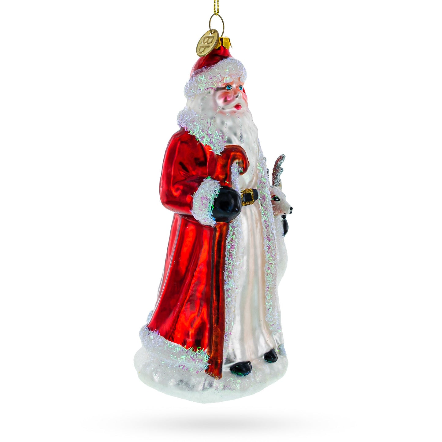 Santa with White Reindeer Glass Christmas Ornament