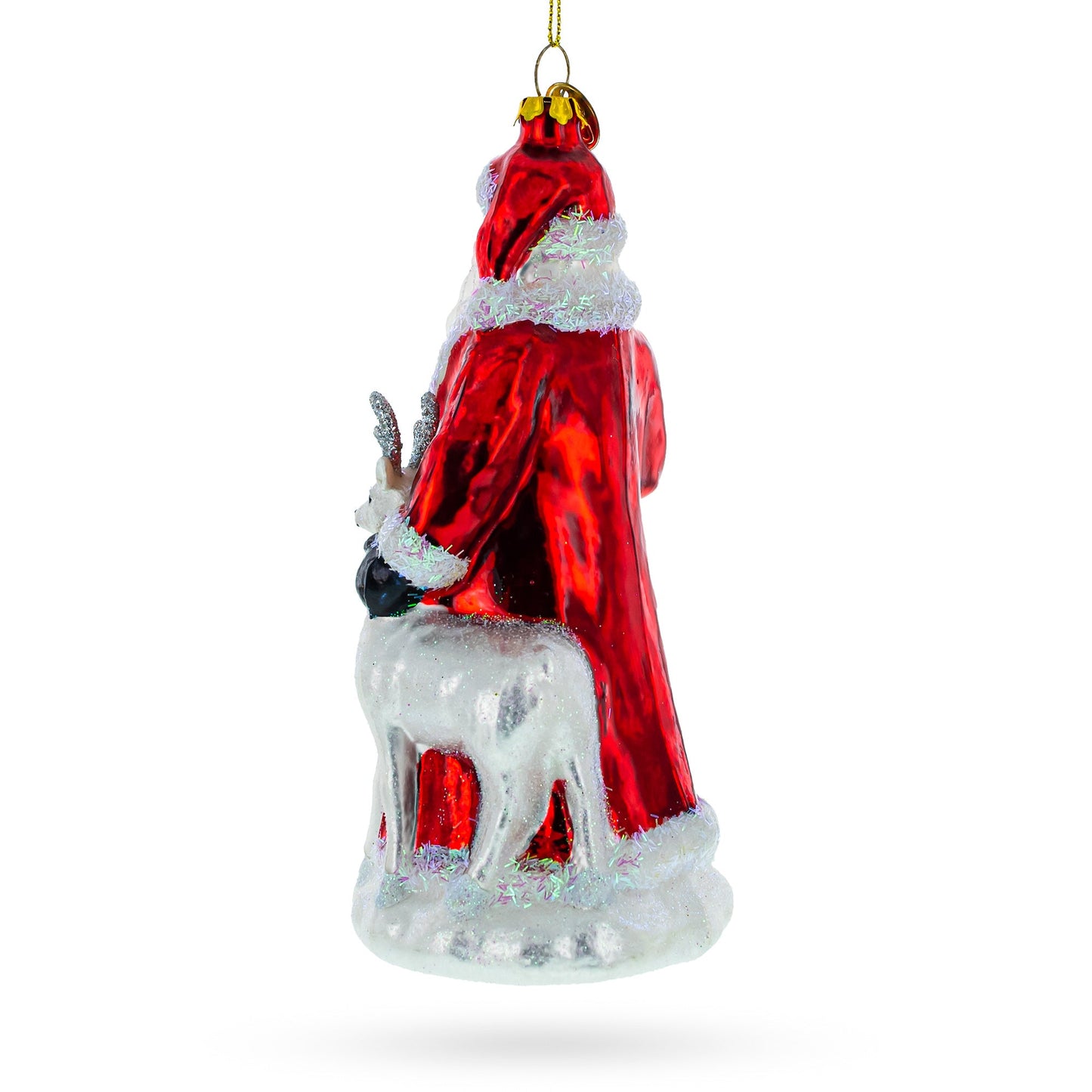 Santa with White Reindeer Glass Christmas Ornament