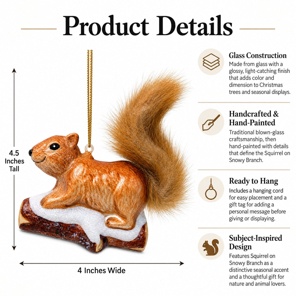 Squirrel on Snowy Branch Glass Christmas Ornament