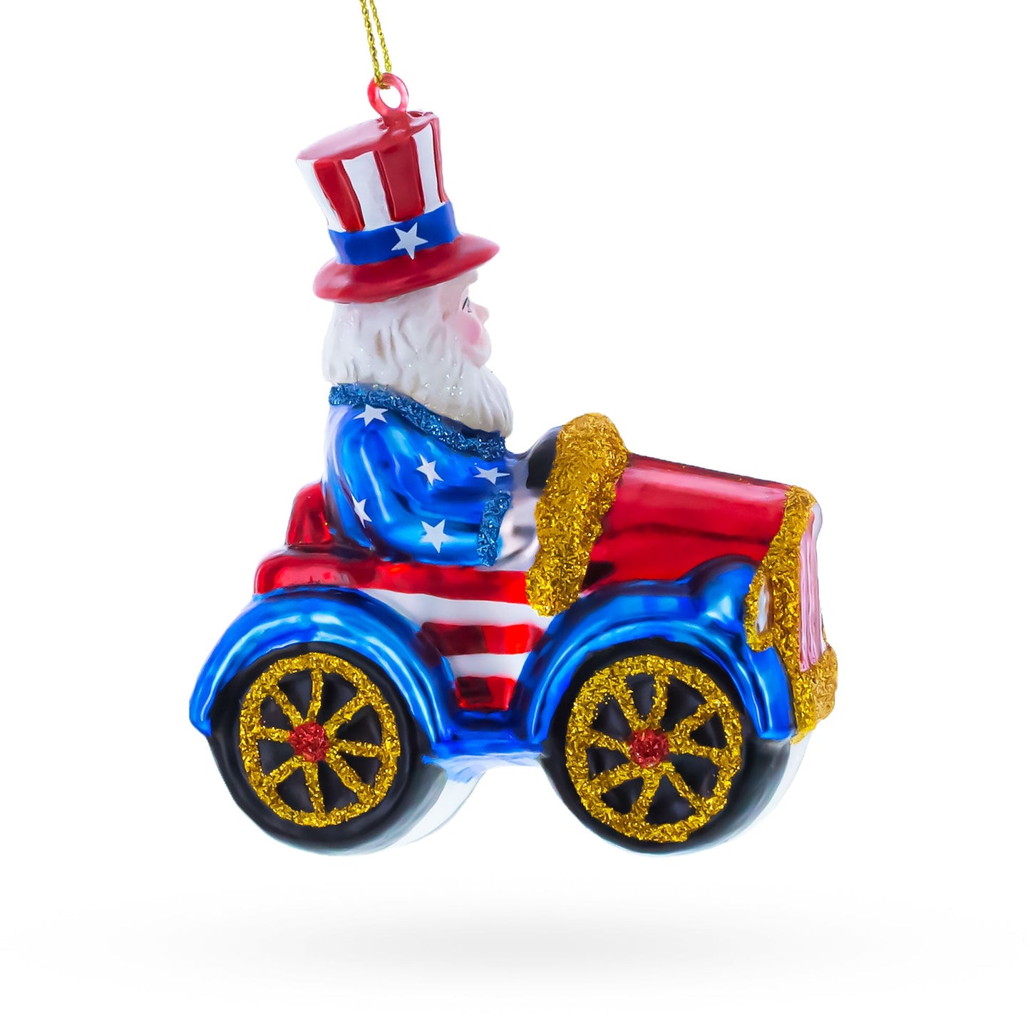 Uncle Sam Santa Driving a Car Glass Christmas Ornament
