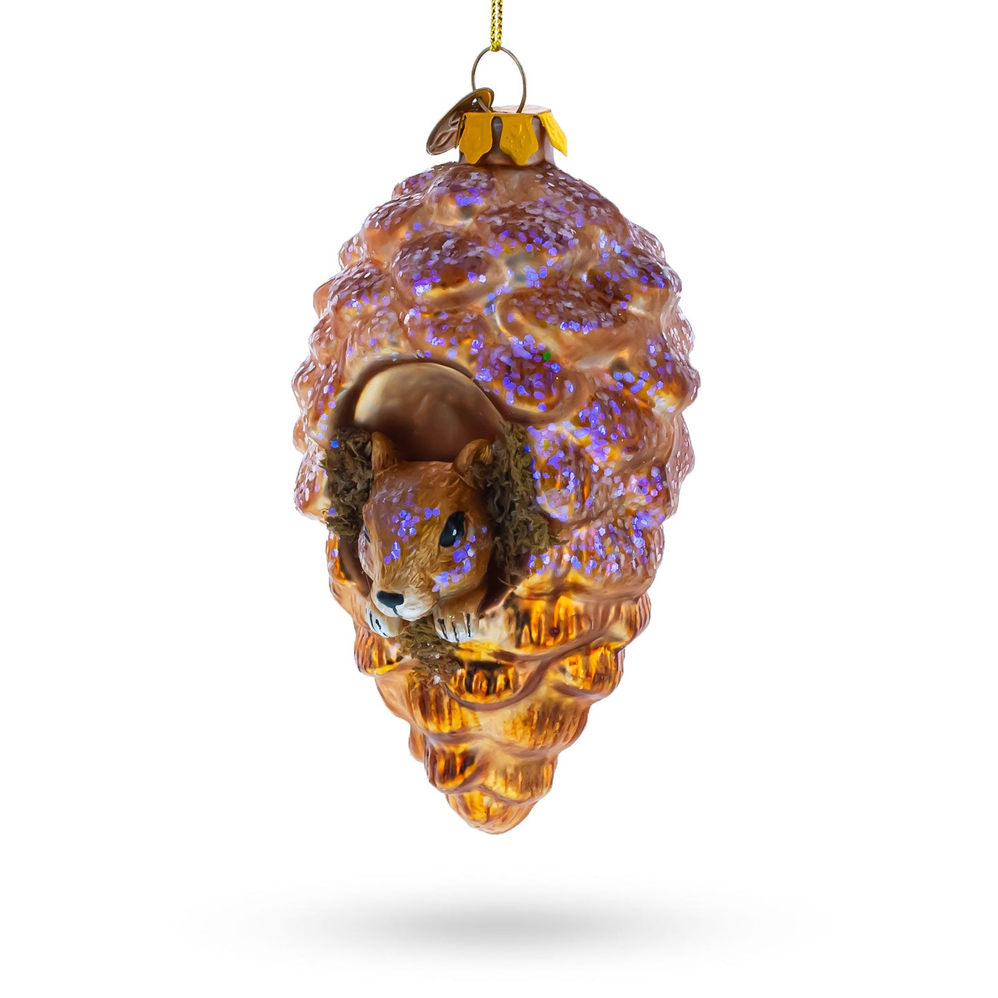 Squirrel Nestled in Pine Cone Glass Christmas Ornament