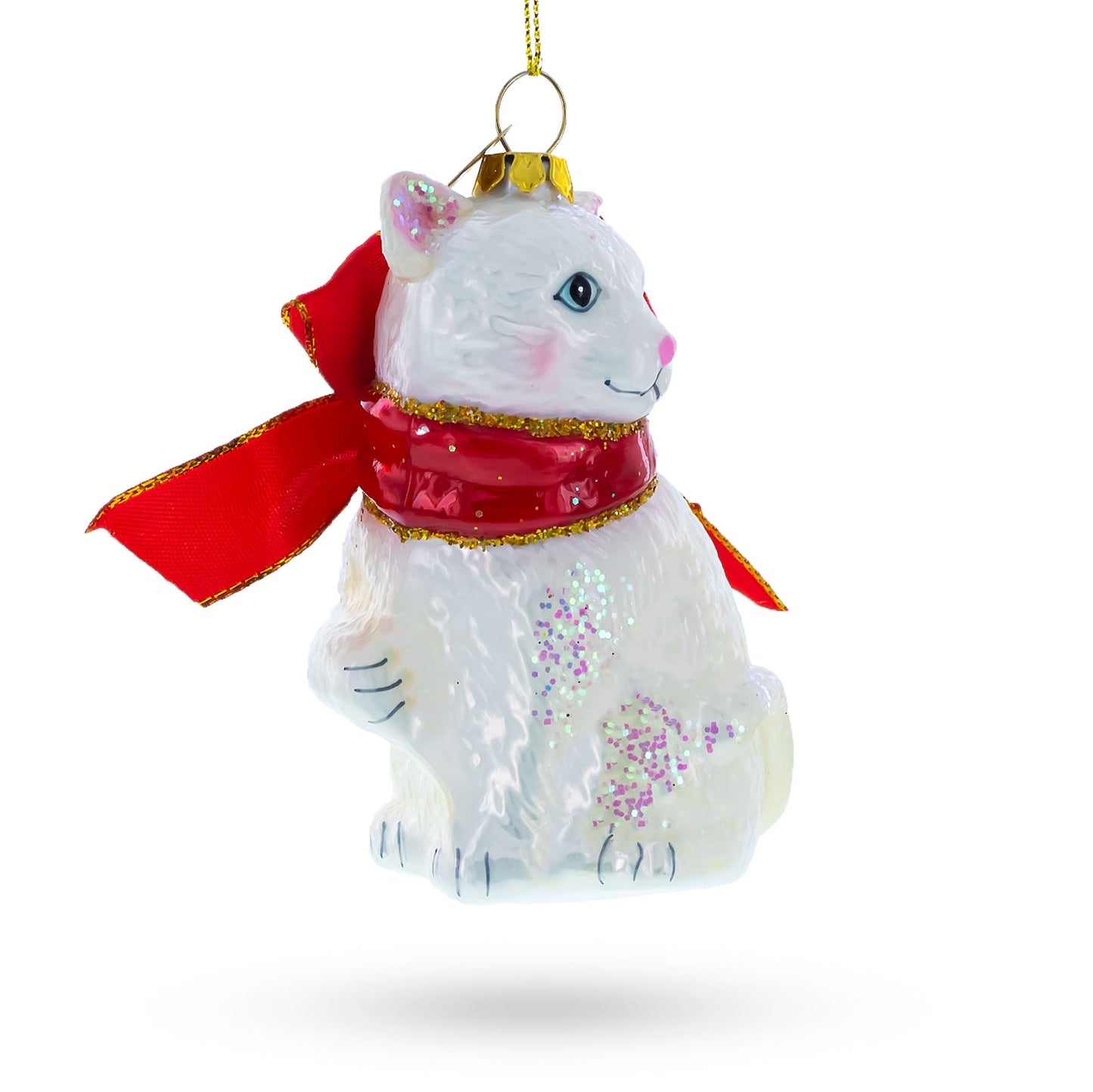 White Cat with Red Scarf Glass Christmas Ornament