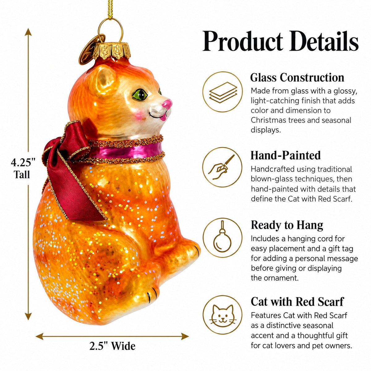 Cat with Red Scarf Glass Christmas Ornament