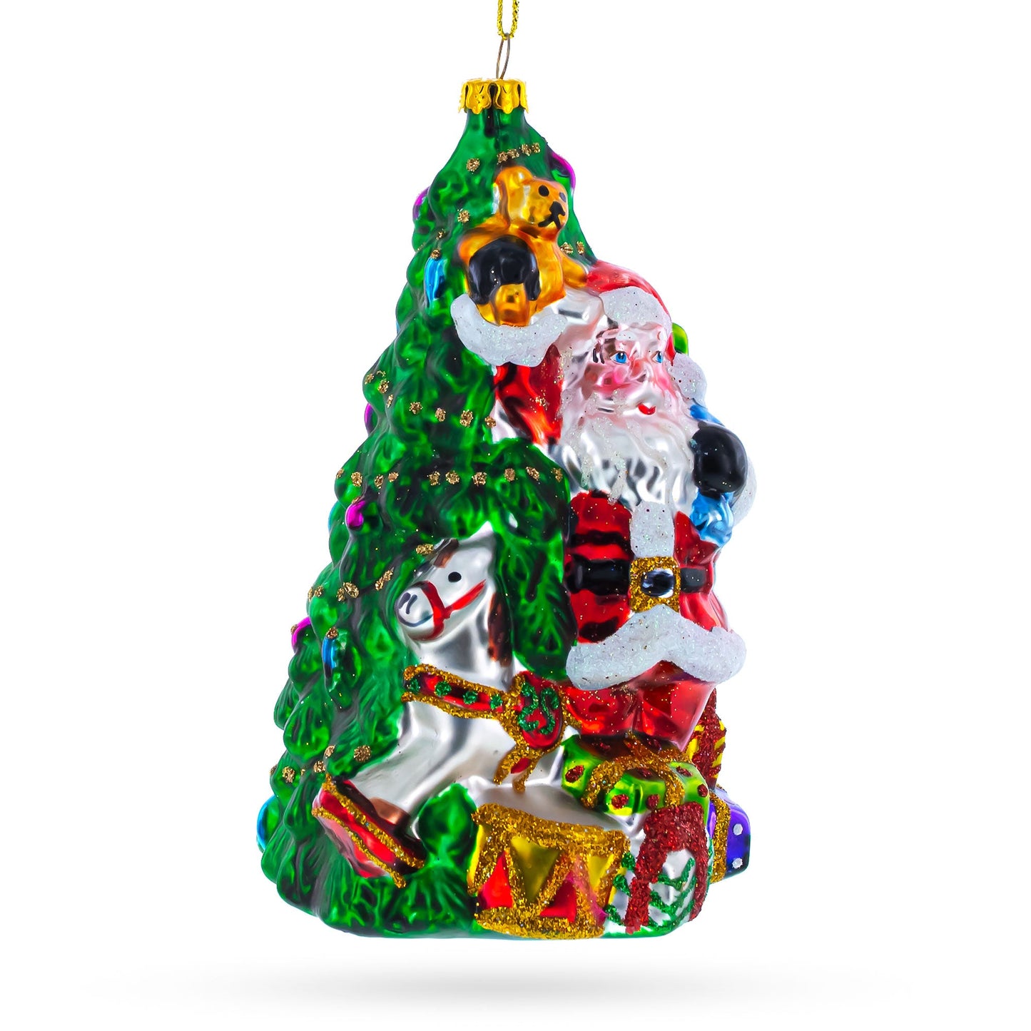 Santa with Christmas Tree and Gifts Glass Ornament