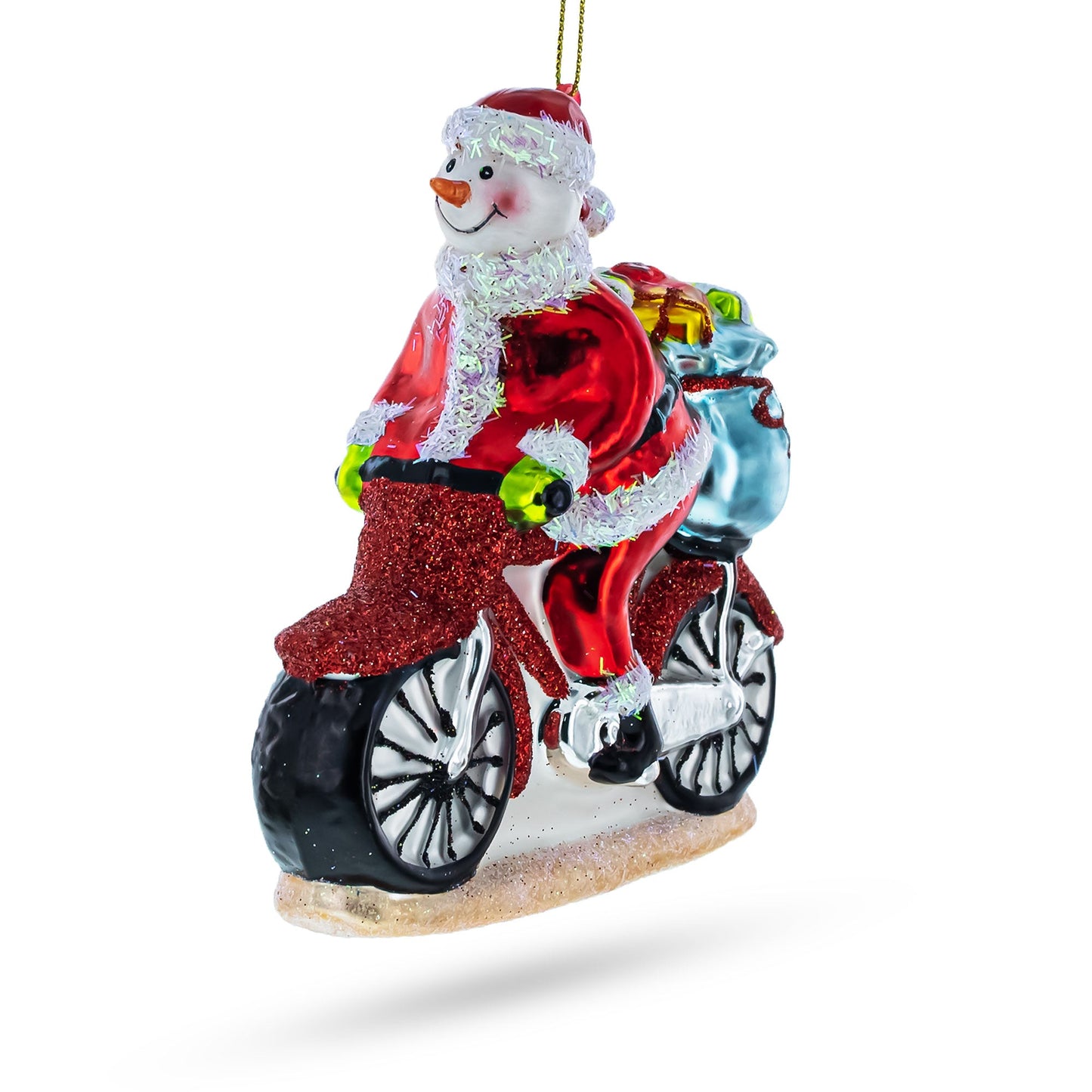 Snowman Biker on the Road Glass Christmas Ornament