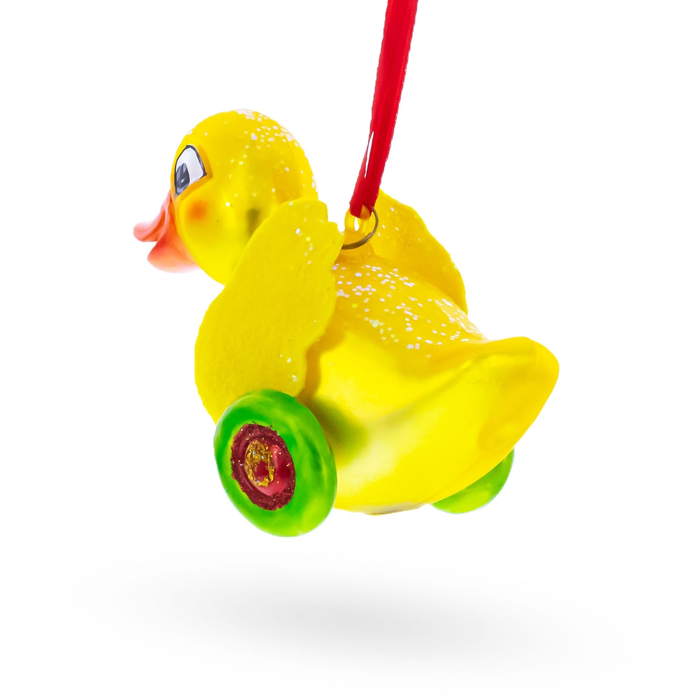 Yellow Duck Rolling on Wheels Glass Christmas Ornament