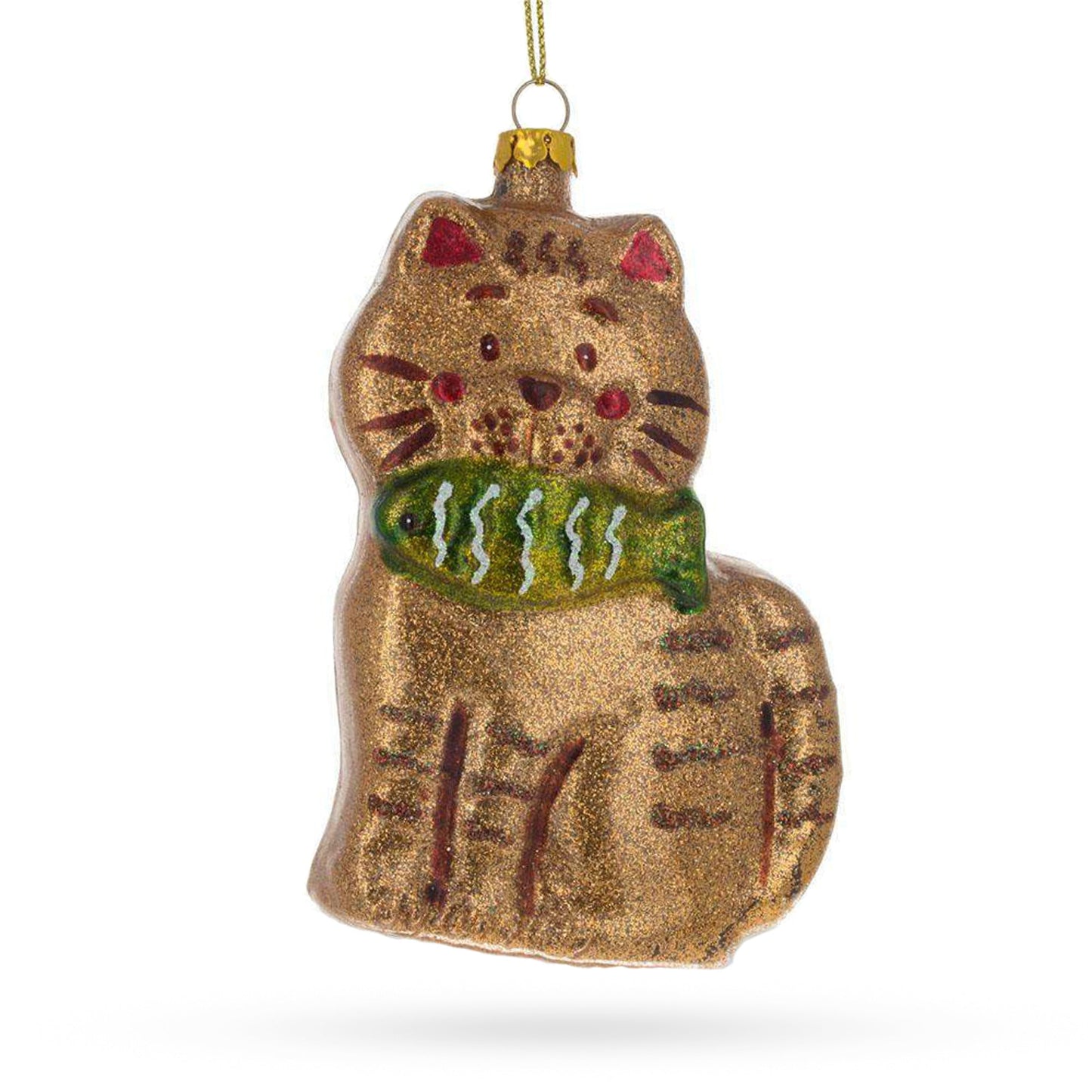 Glittered Gingerbread Cat Holding a Fish Glass Christmas Ornament