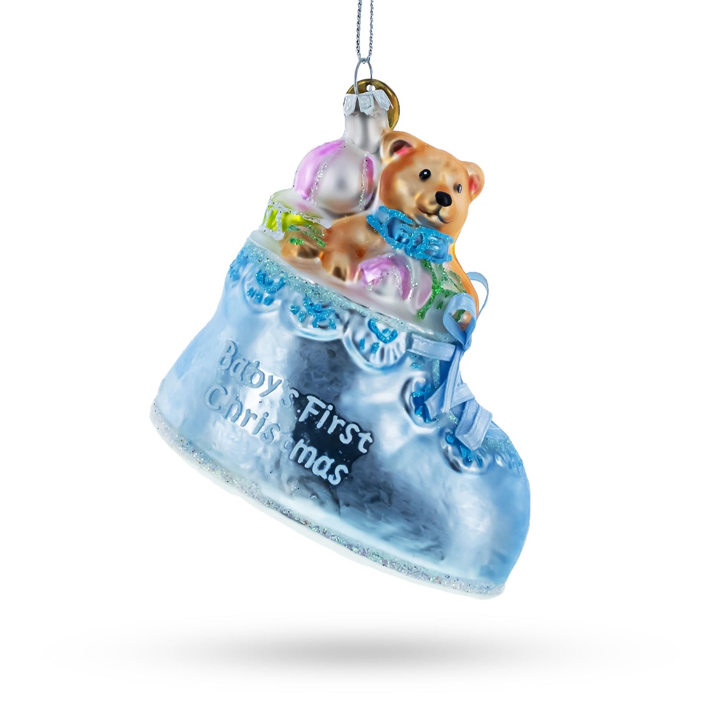 Teddy Bear Nestled in a Blue Shoe for Baby's First Glass Christmas Ornament