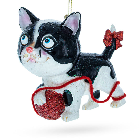 Kitten Entangled with Yarn Ball Glass Christmas Ornament