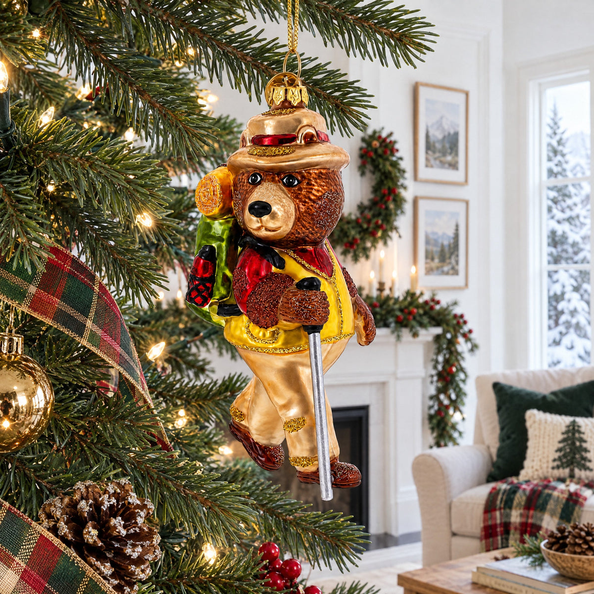 Bear Hiker Glass Christmas Ornament