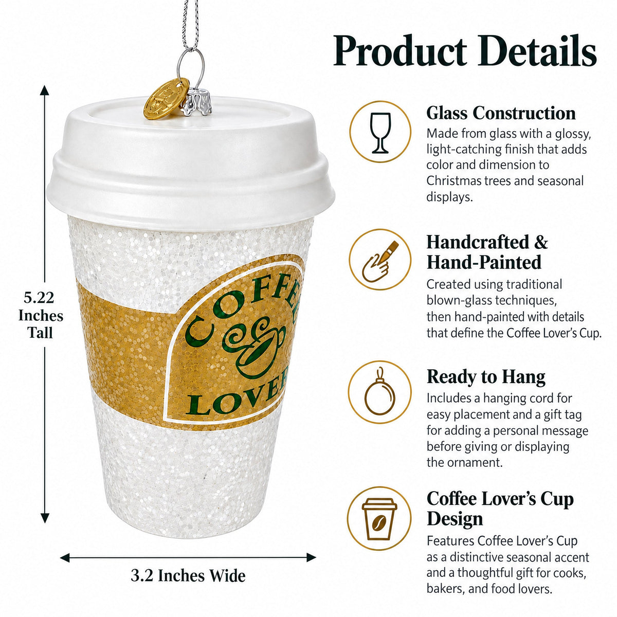 Coffee Lover's Cup Glass Christmas Ornament