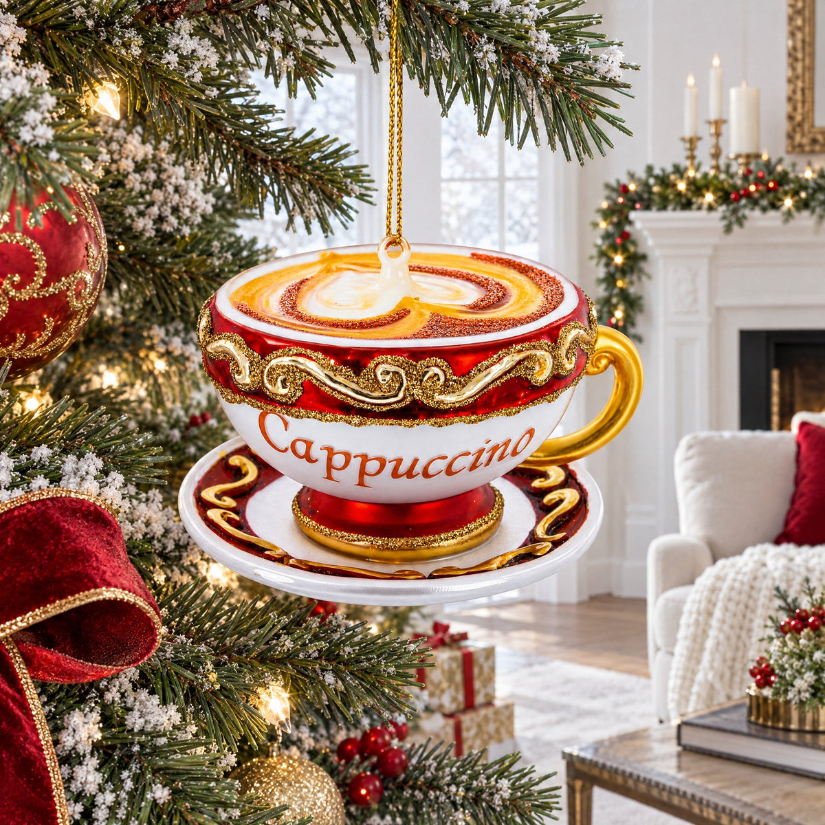 Red Cappuccino Cup Glass Christmas Ornament