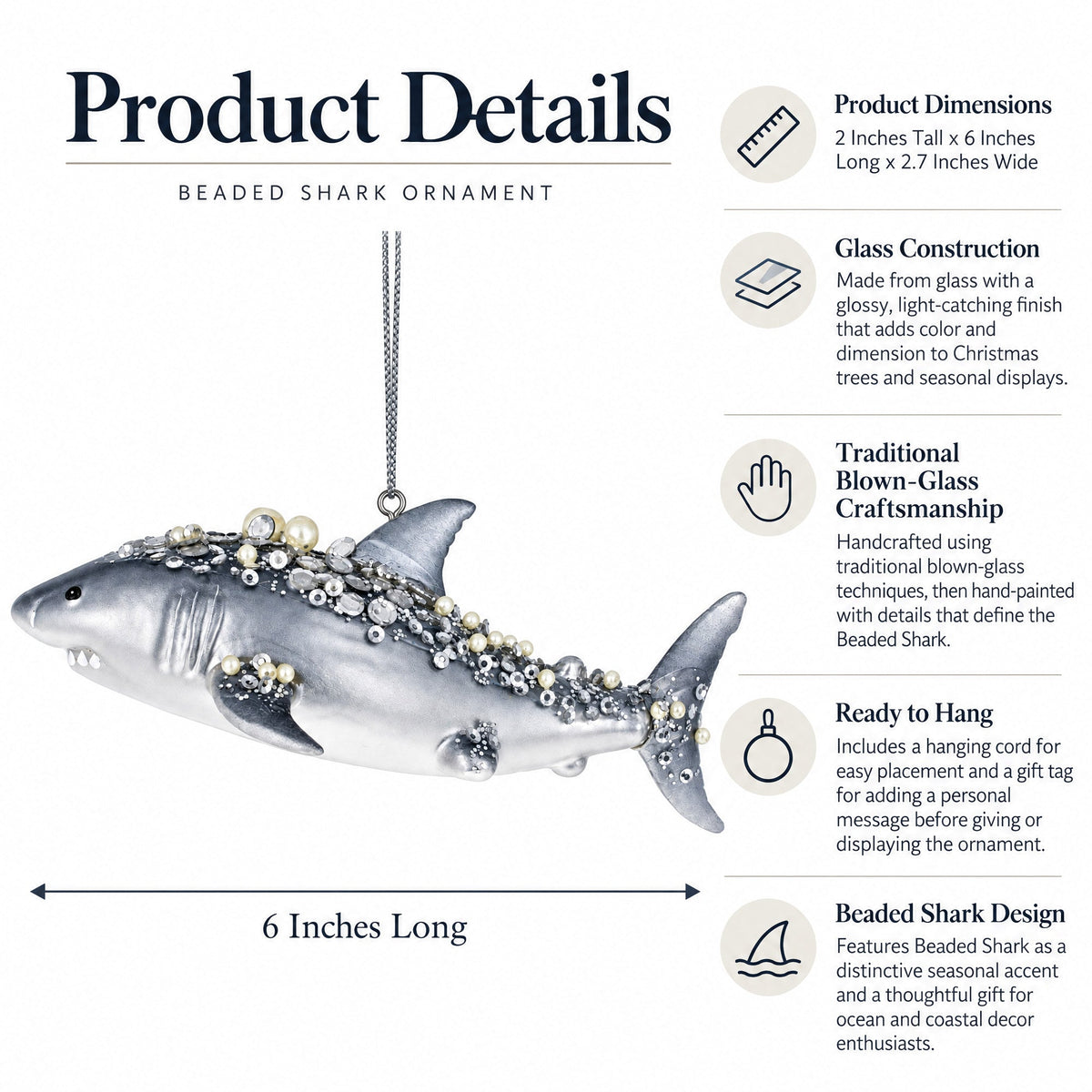 Beaded Shark Glass Christmas Ornament