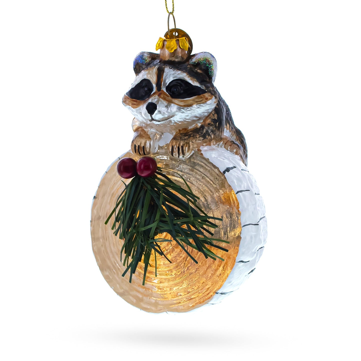 Raccoon on the Log Glass Christmas Ornament