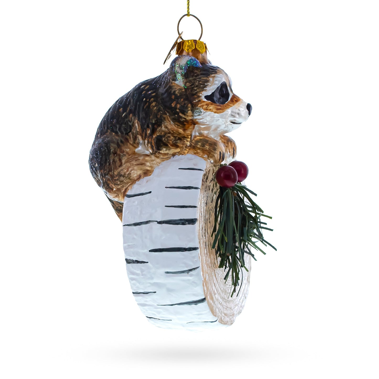 Raccoon on the Log Glass Christmas Ornament