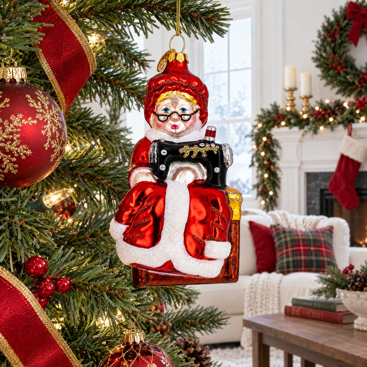 Mrs. Claus and Sewing Machine Glass Christmas Ornament