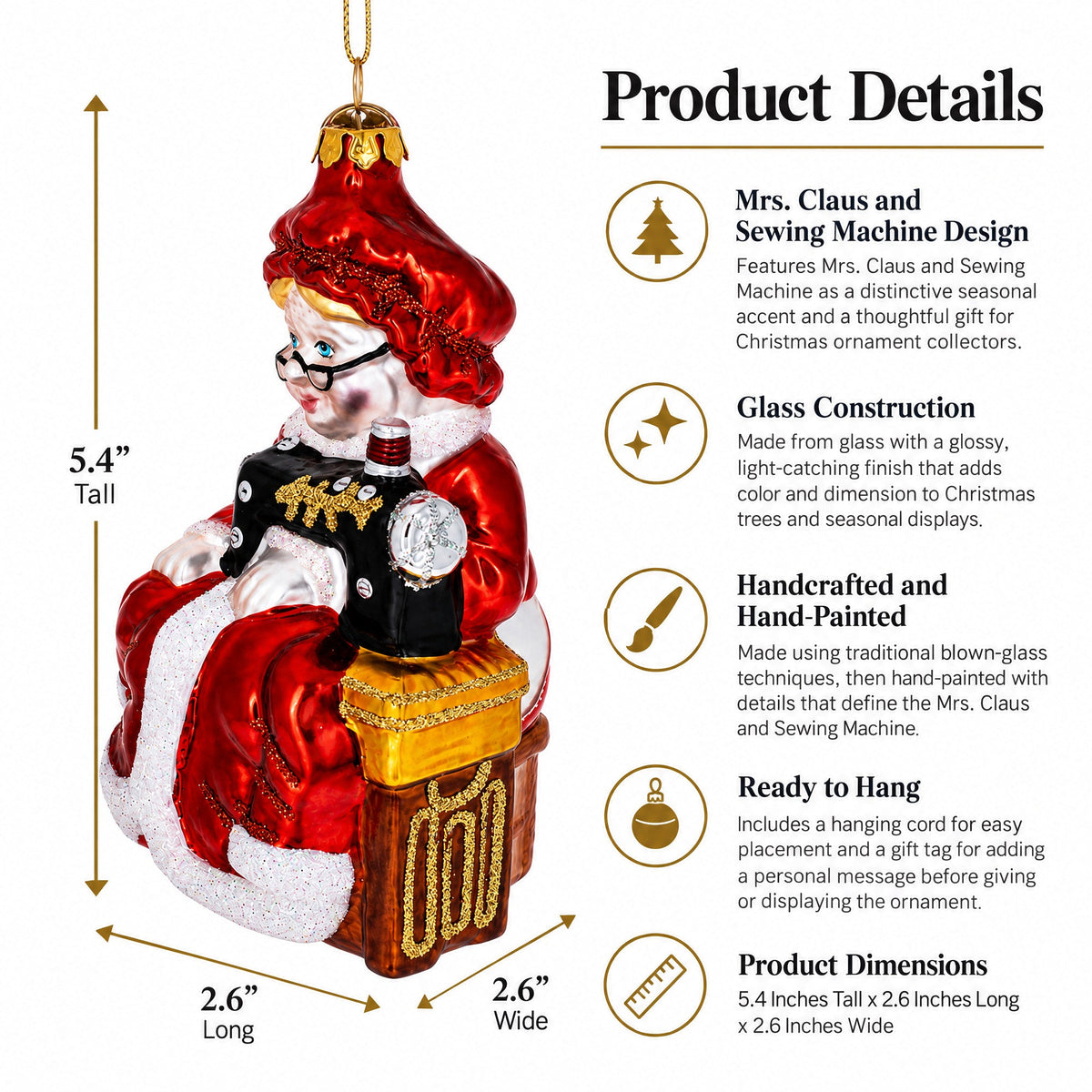 Mrs. Claus and Sewing Machine Glass Christmas Ornament