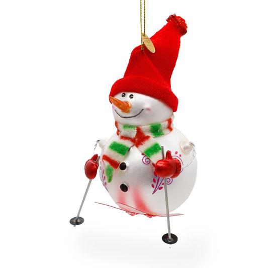 Snowman Skiing Glass Christmas Ornament