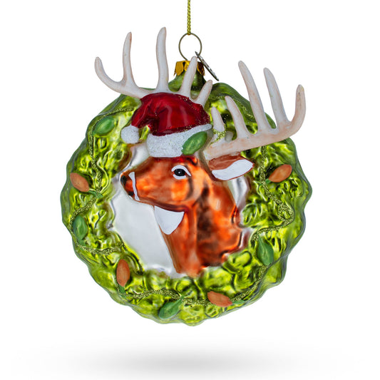Reindeer Wreath Glass Christmas Ornament