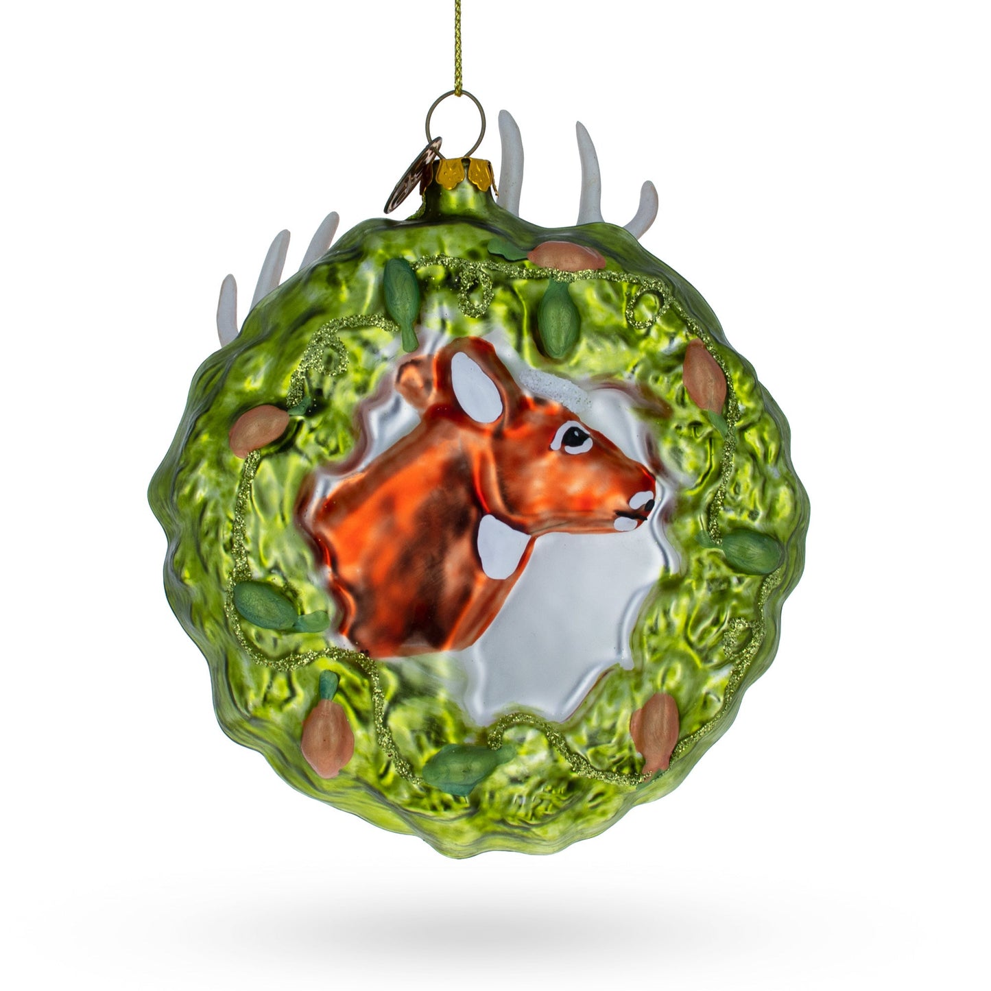 Reindeer Wreath Glass Christmas Ornament