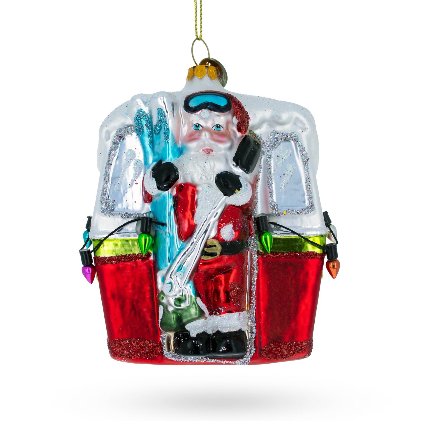 Santa with Skis in Gondola Glass Christmas Ornament