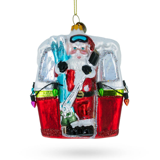 Santa with Skis in Gondola Glass Christmas Ornament