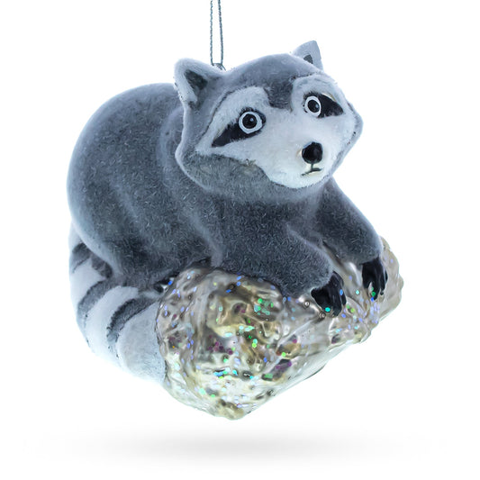 Racoon on a Log Glass Christmas Ornament