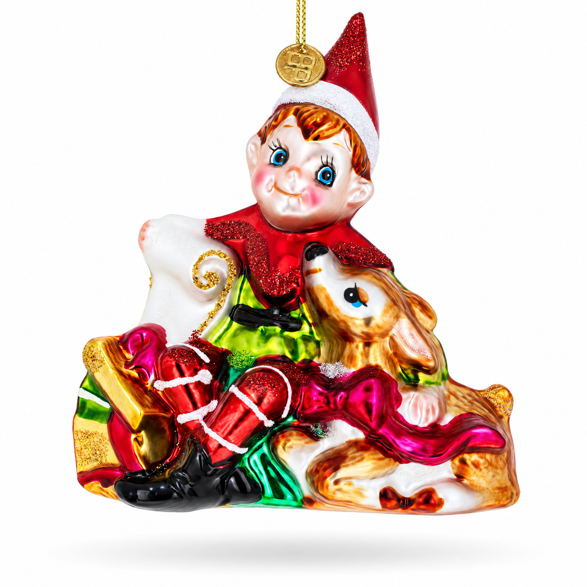 Elf and Deer Glass Christmas Ornament