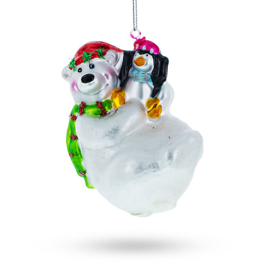 Polar Bear with Penguin Glass Christmas Ornament