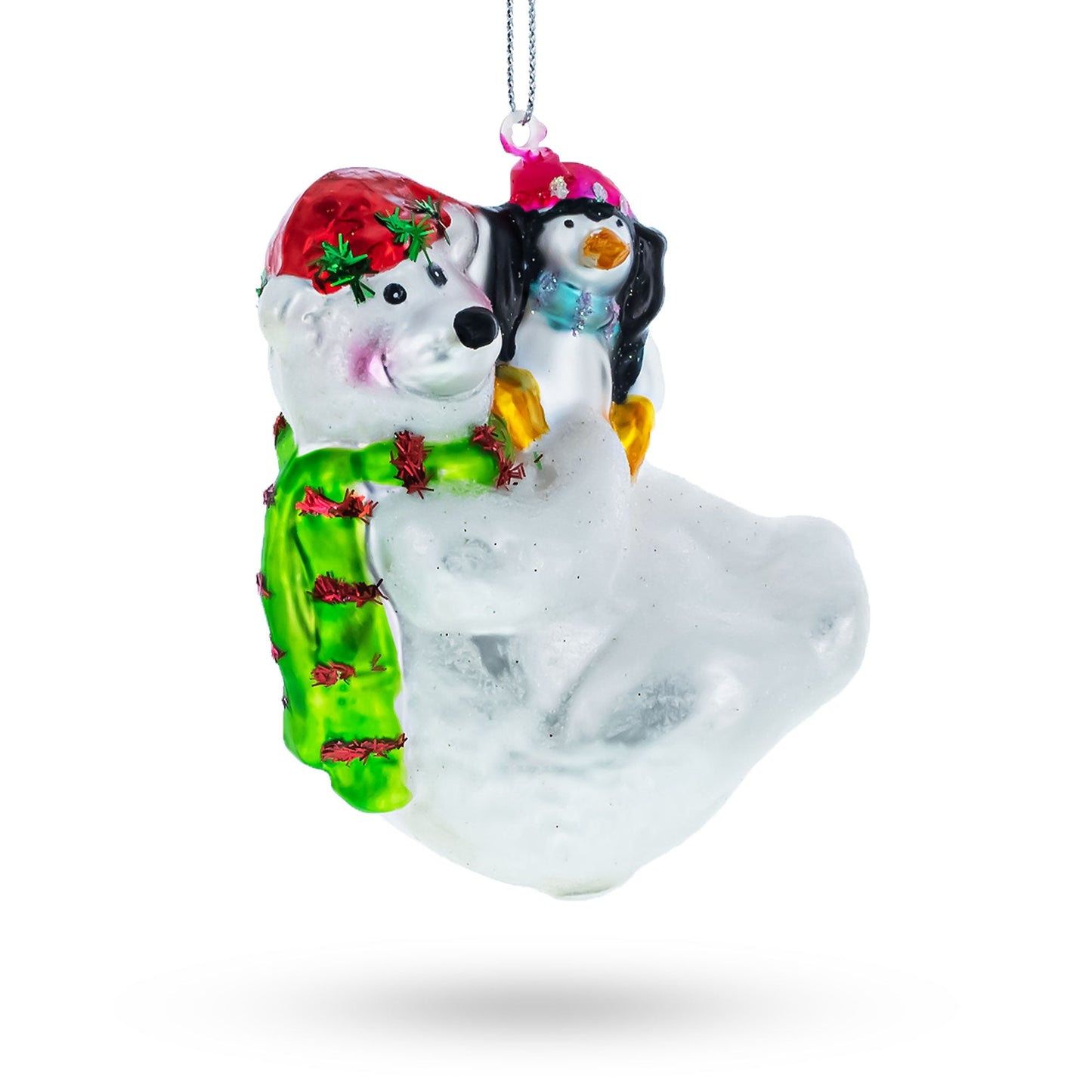 Polar Bear with Penguin Glass Christmas Ornament