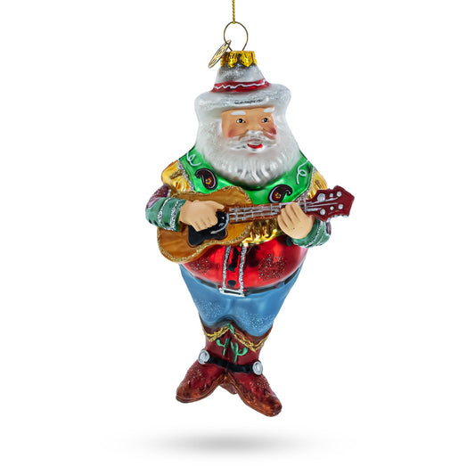 Western Santa with Guitar Glass Christmas Ornament