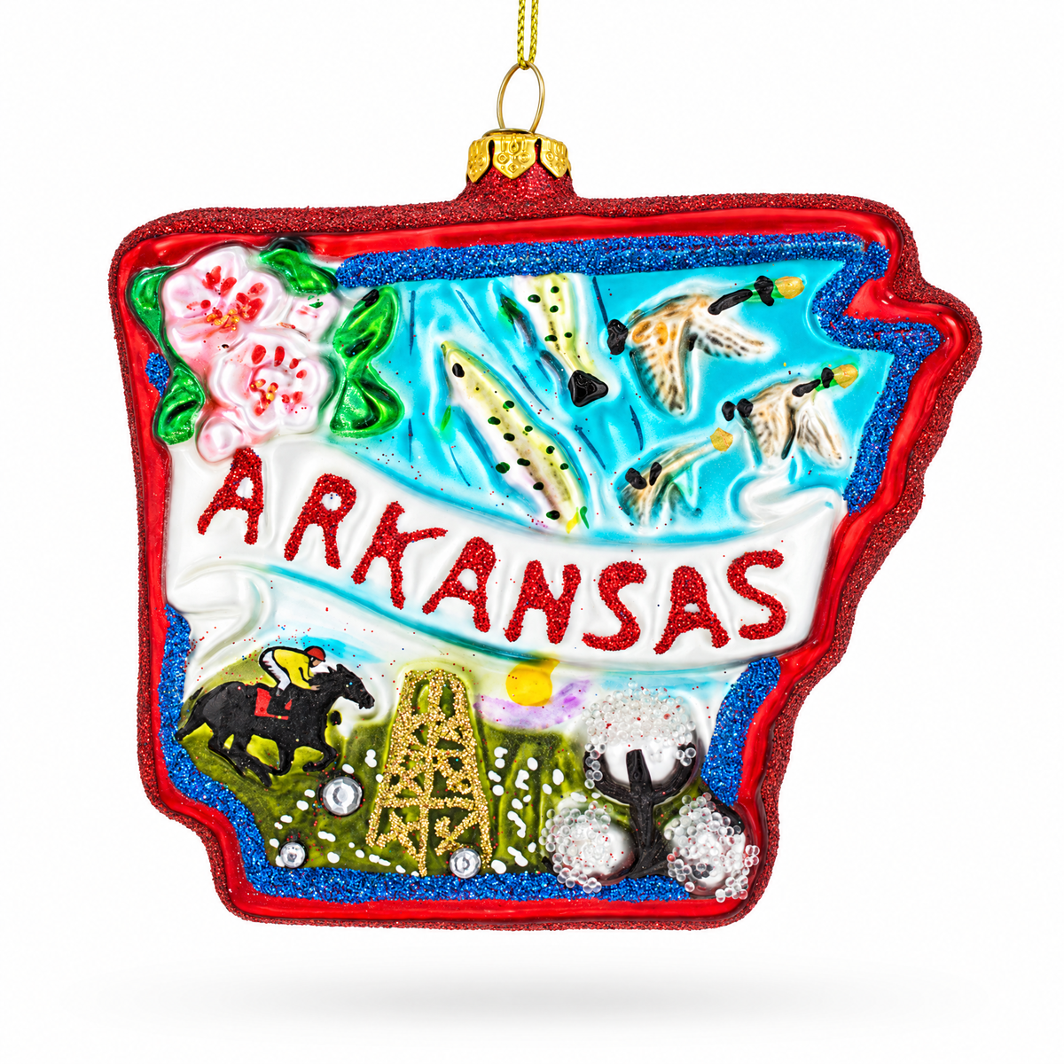 State of Arkansas Symbols, USA Glass Christmas Ornament
