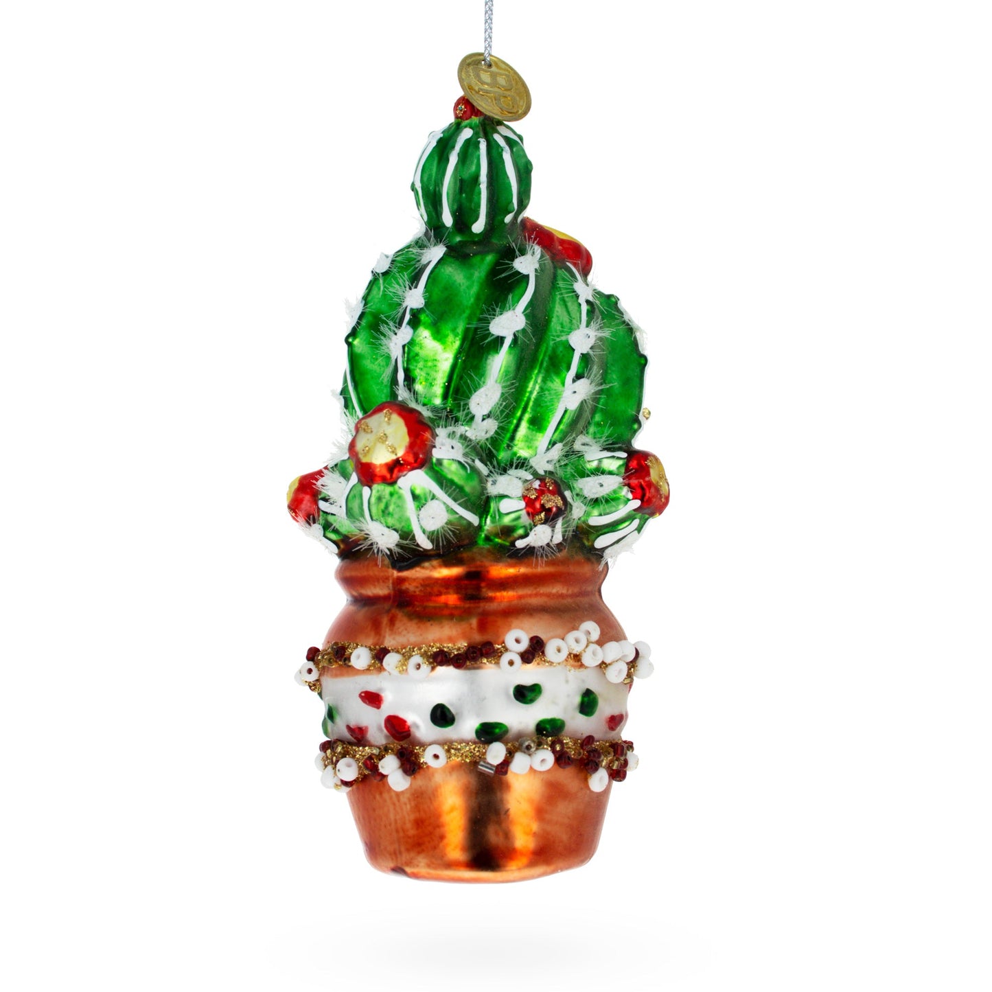 Decorated Cactus in a Pot Glass Christmas Ornament