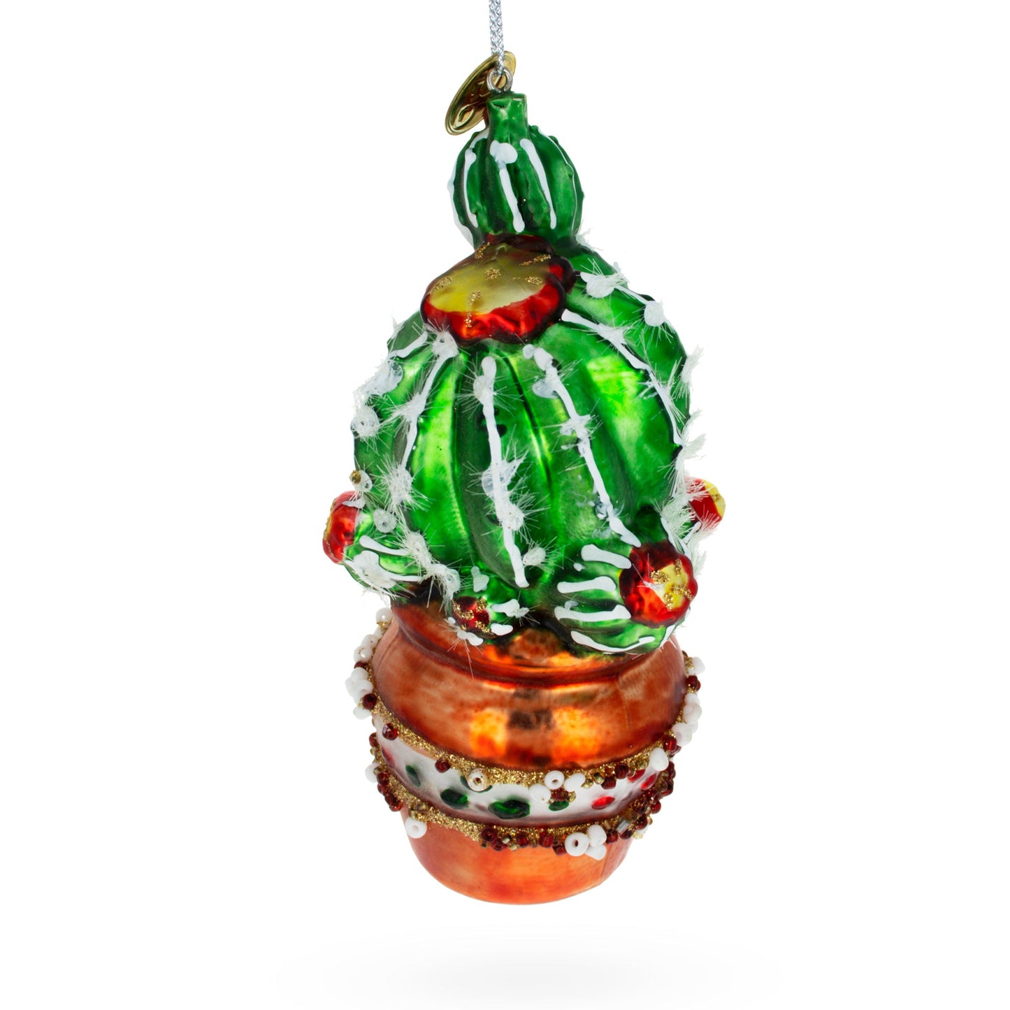 Decorated Cactus in a Pot Glass Christmas Ornament