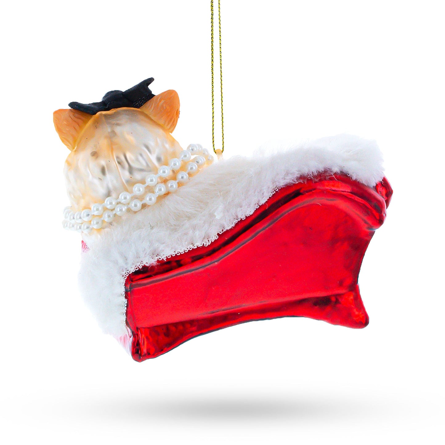 Cat in Pearl Necklace Lounging on Sofa Glass Christmas Ornament