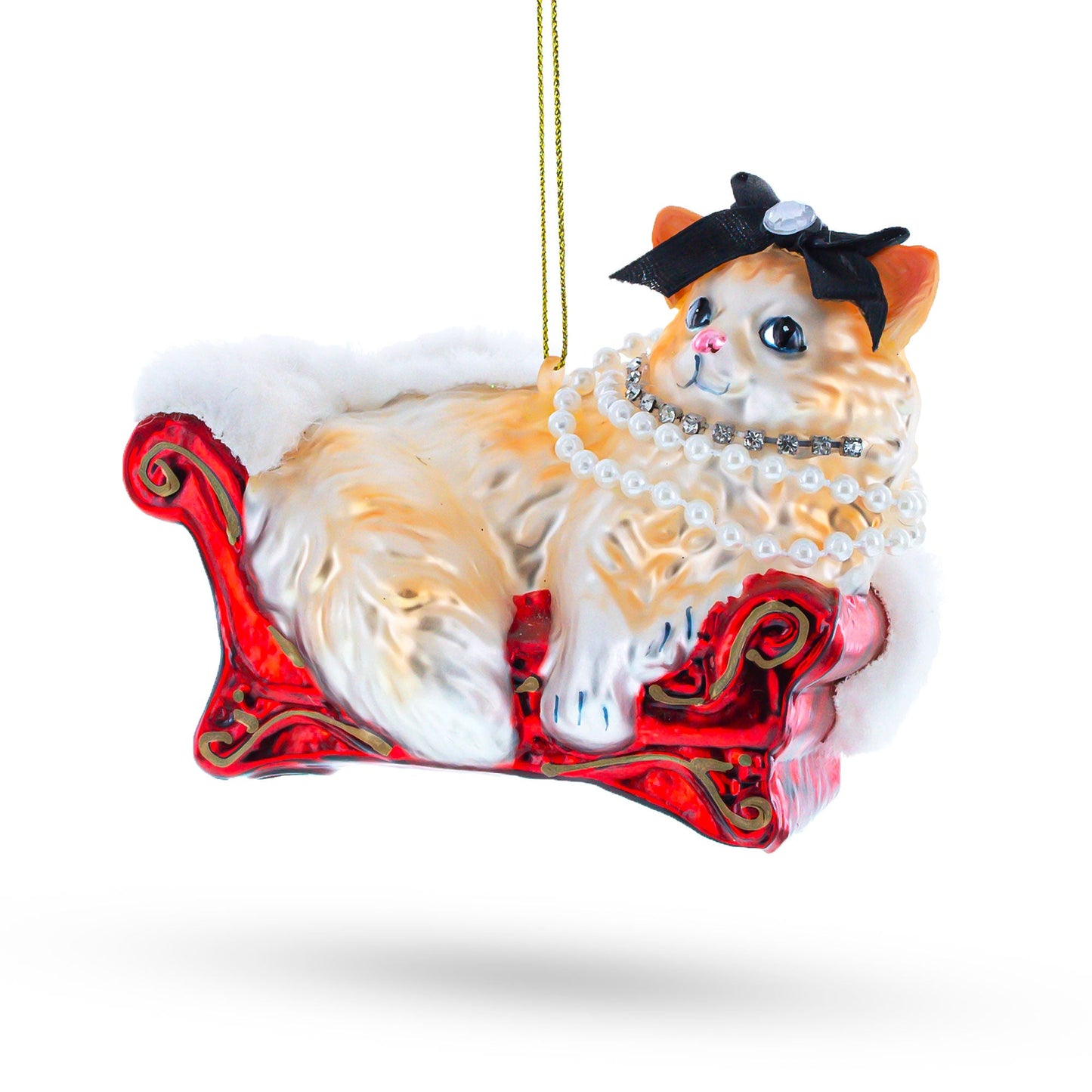 Cat in Pearl Necklace Lounging on Sofa Glass Christmas Ornament