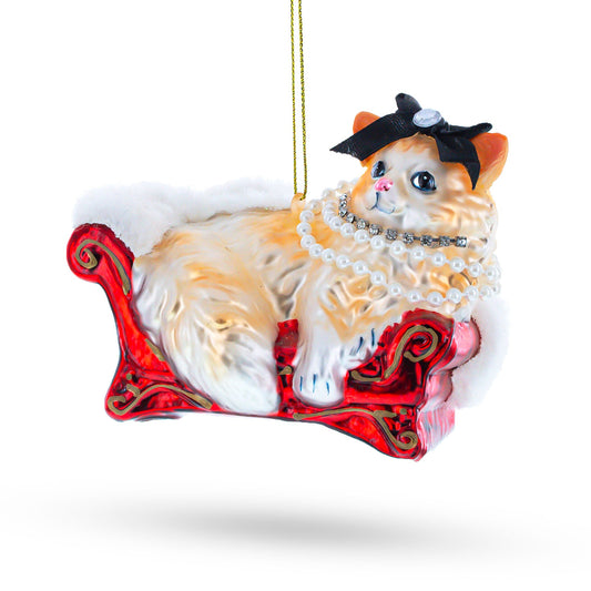 Cat in Pearl Necklace Lounging on Sofa Glass Christmas Ornament
