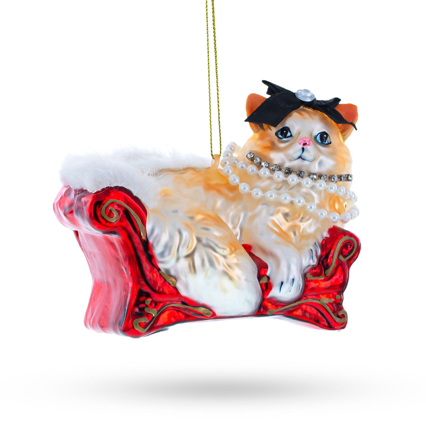 Cat in Pearl Necklace Lounging on Sofa Glass Christmas Ornament