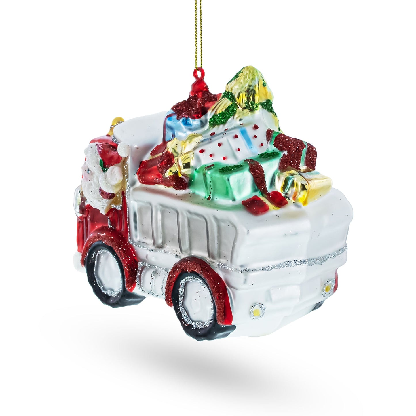 Santa Driving a Dump Truck Full of Presents Glass Christmas Ornament