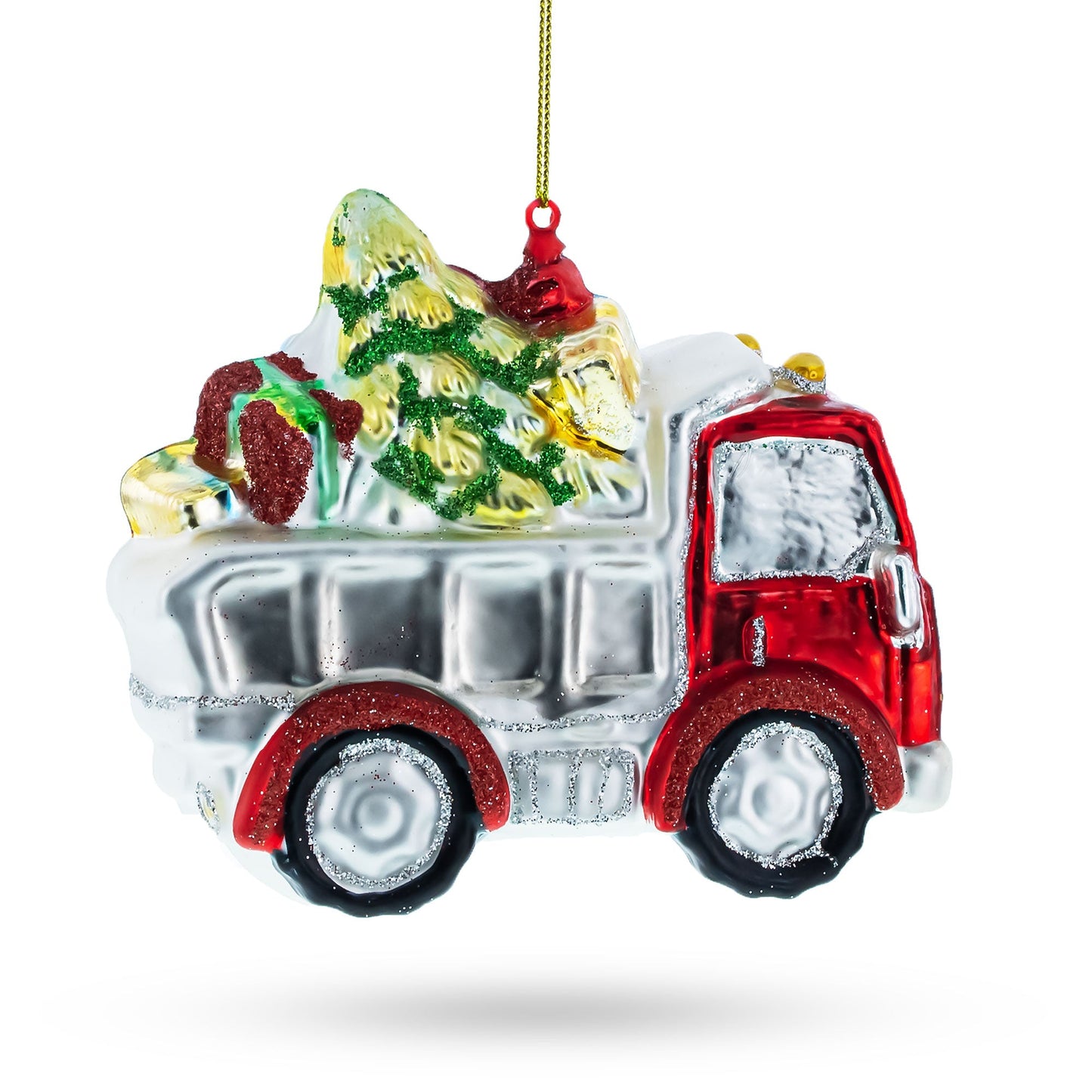 Santa Driving a Dump Truck Full of Presents Glass Christmas Ornament