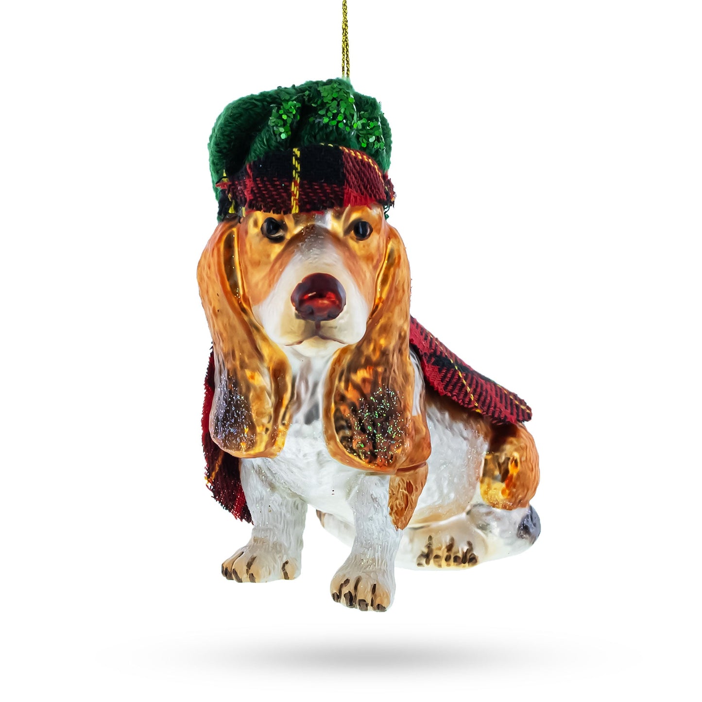 Hound in Tartan Cape and Plaid Hat Glass Christmas Ornament