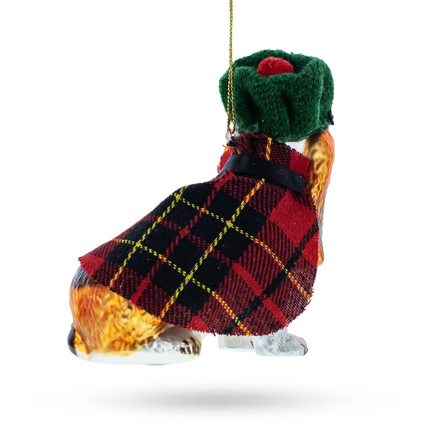 Hound in Tartan Cape and Plaid Hat Glass Christmas Ornament