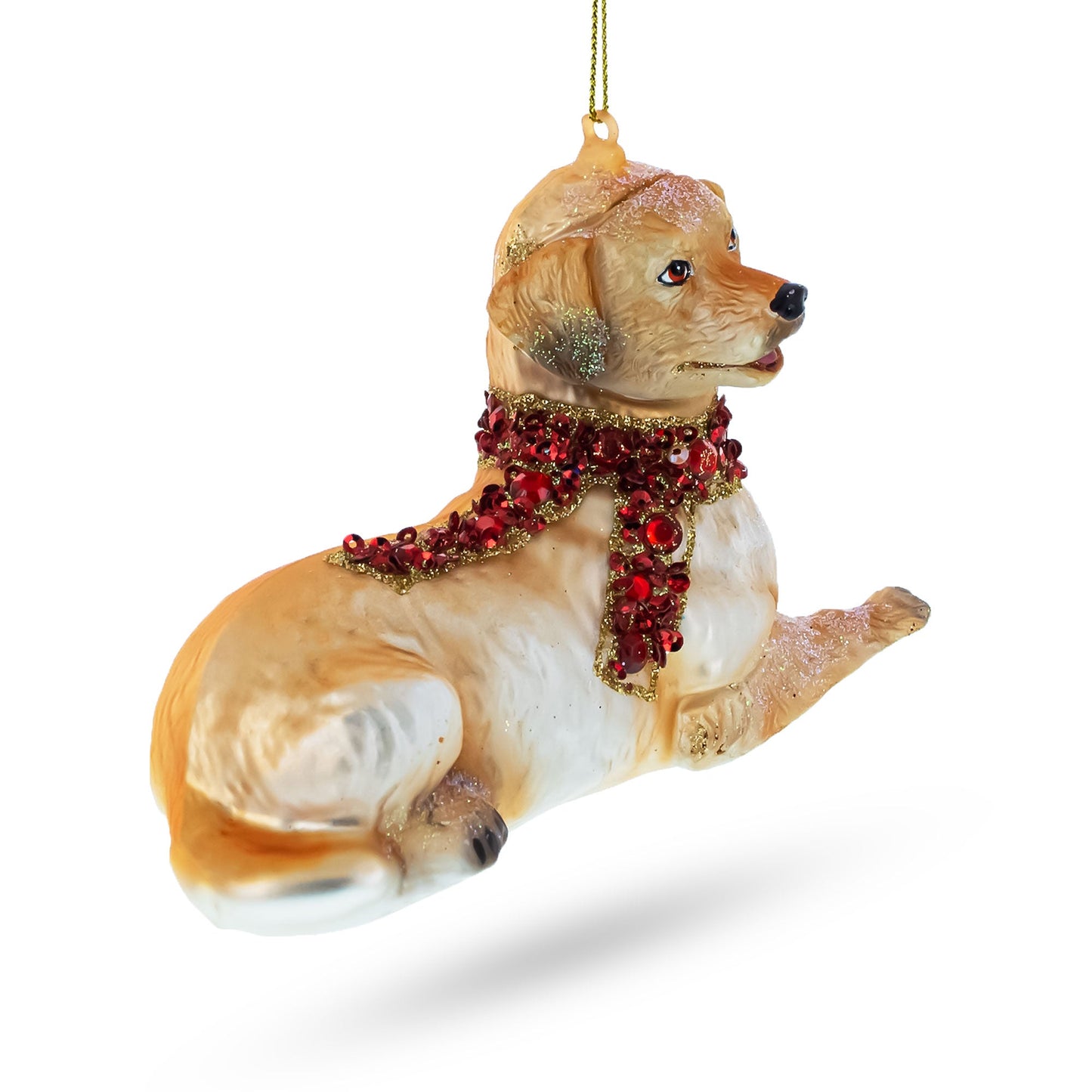 Golden Retriever with Jeweled Collar Glass Christmas Ornament