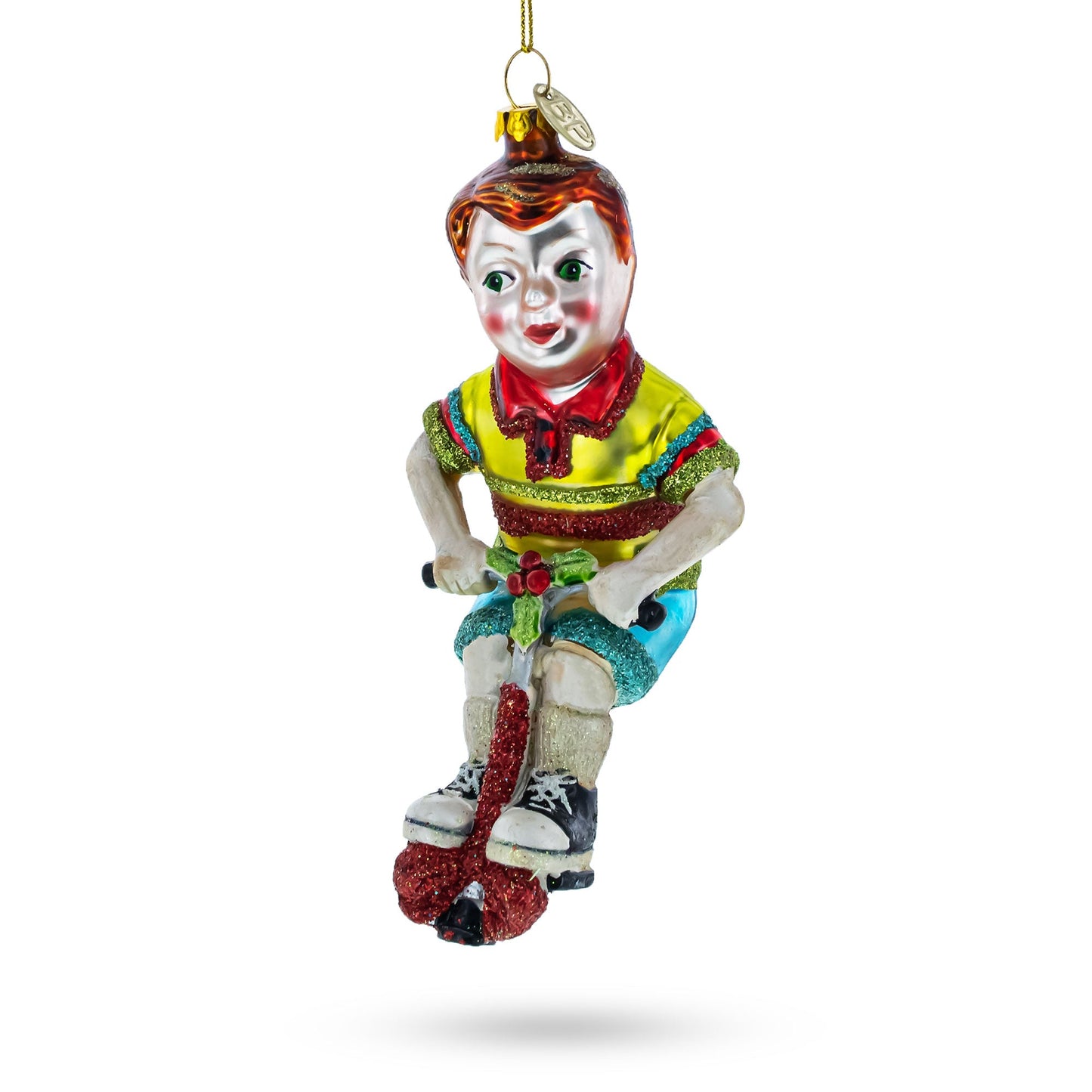 Vintage Style Boy on Pogo Stick Glass Christmas Ornament
