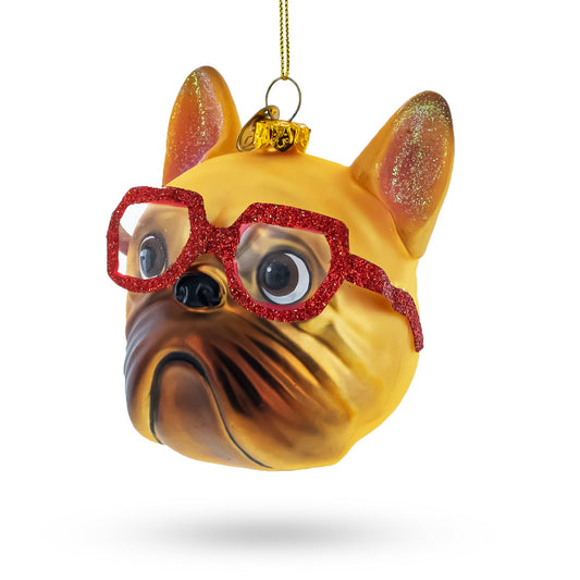 Hipster Bulldog in Red Glasses Glass Christmas Ornament