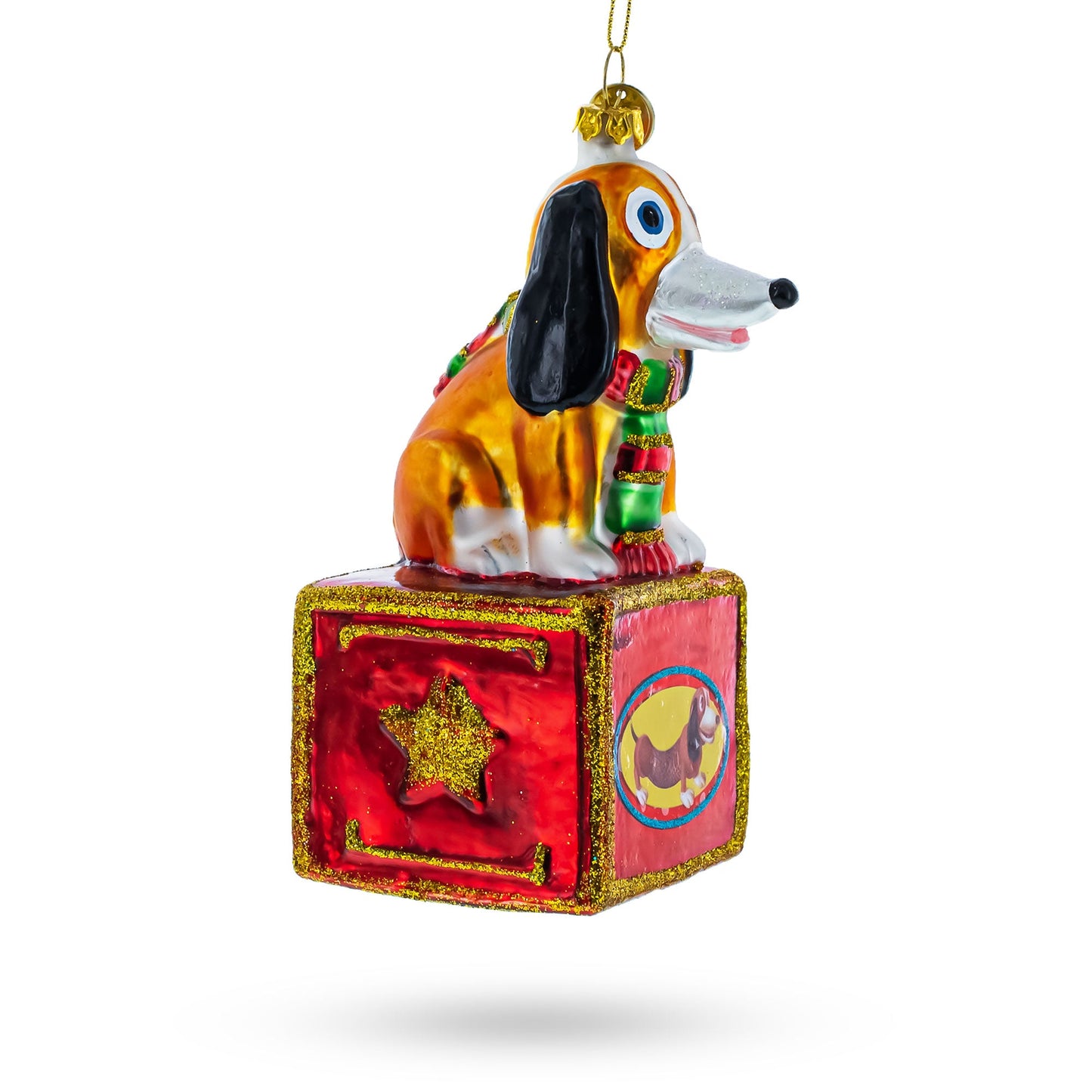 Playful Toy Dog on Festive Red Box Glass Christmas Ornament