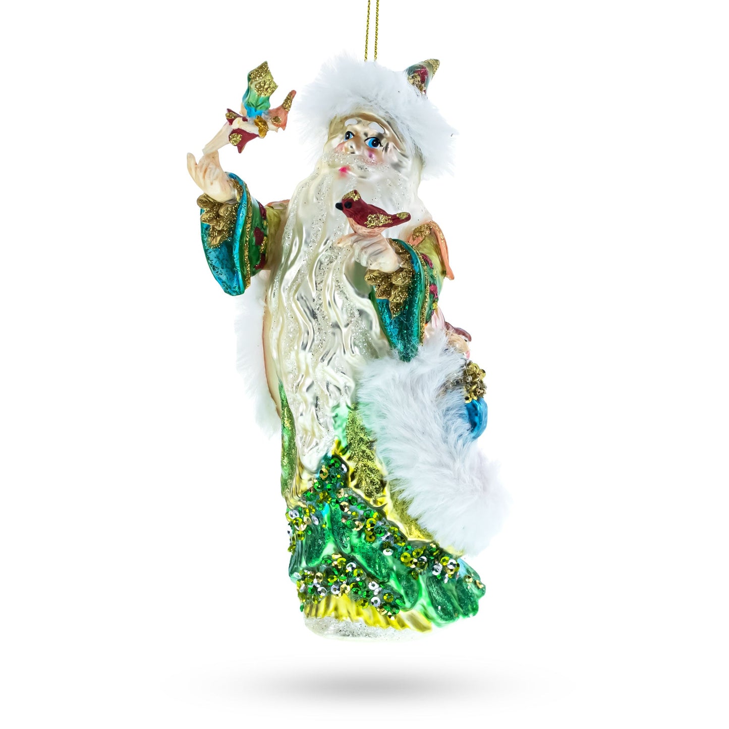 Woodland Santa with Birds Glass Christmas Ornament